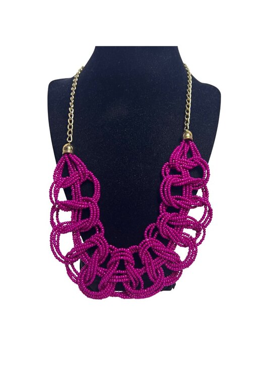 None Jewelry - Pink Beaded Loop Design Necklace With Gold Tone Curb Chain (6401)